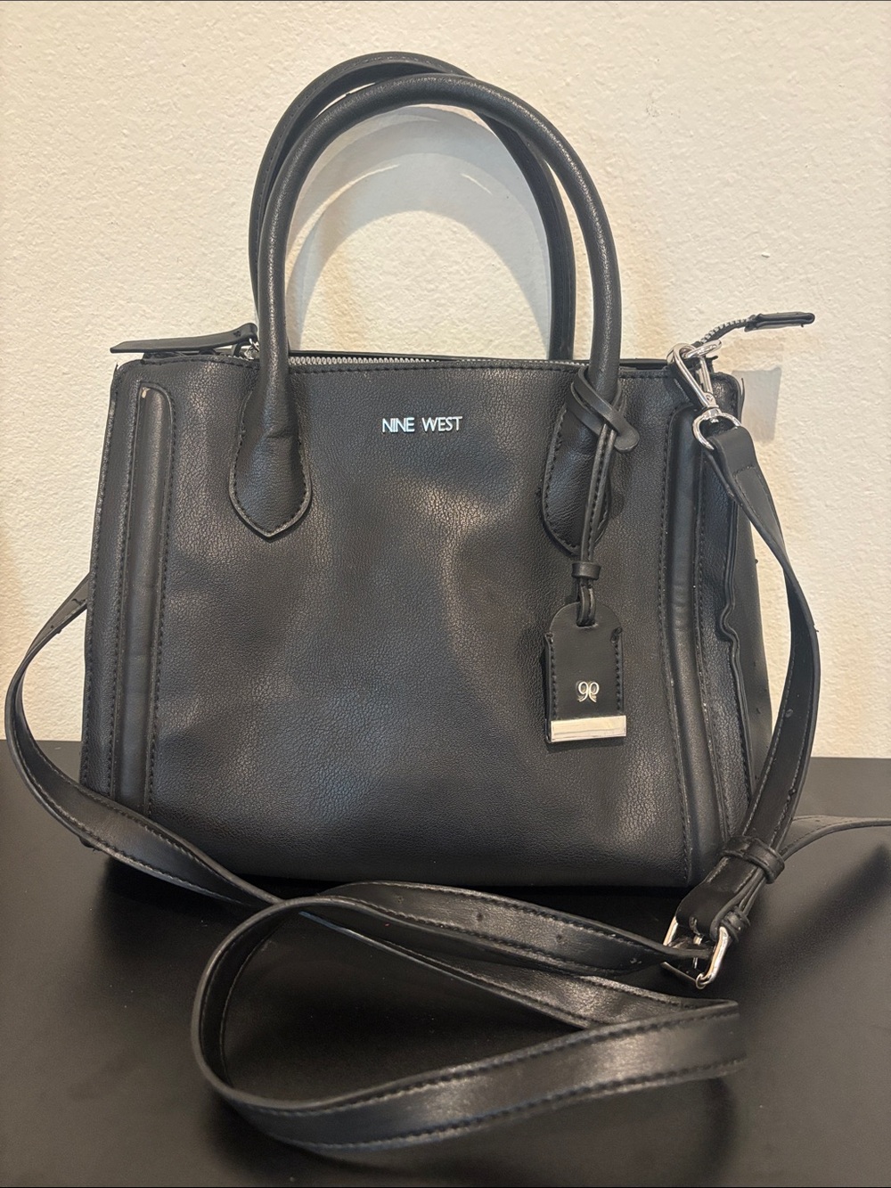 Nine West Black Leather Tote with Detachable Strap